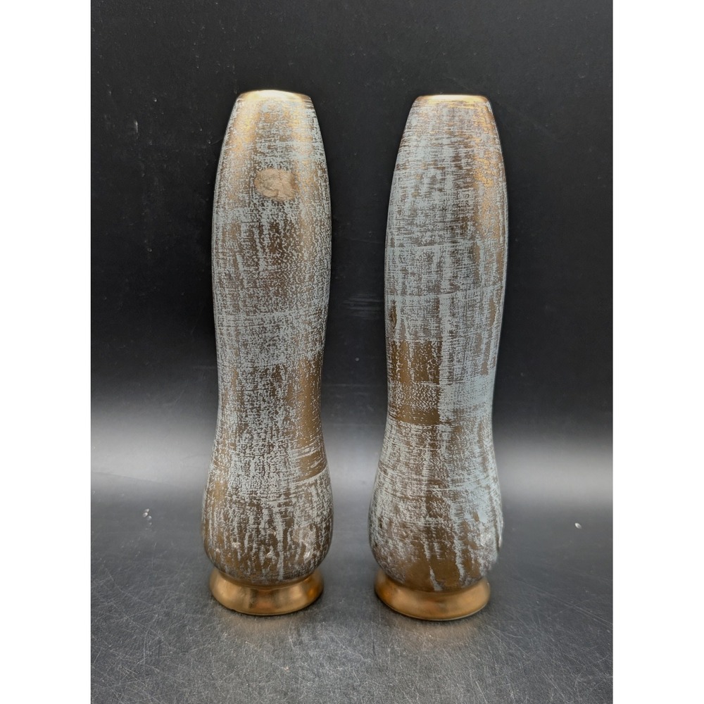 Vintage Stangl Pottery Gold & Blue Textured Bud Vases Set of 2 MCM 1950s 8"